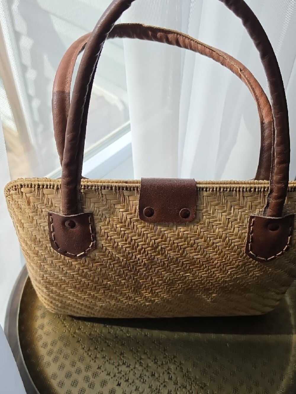 Woven Vintage Straw Tote with Brown Leather Handles 10" Long, 9" Tall - Picture 7 of 10